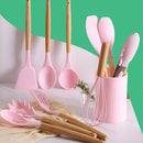 ROSA - Conjunto de Utensílios de Cozinha 12Pçs - Silicone e Cabo de Madeira